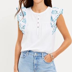 NWOT Loft Eyelet Flutter Henley White/Blue Mixed Media Top  size XL